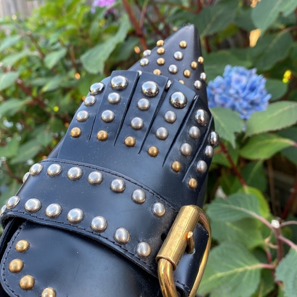 Prada Milano leather pointy toe studded fringe leather buckled flats black shoes - Picture 5 of 7